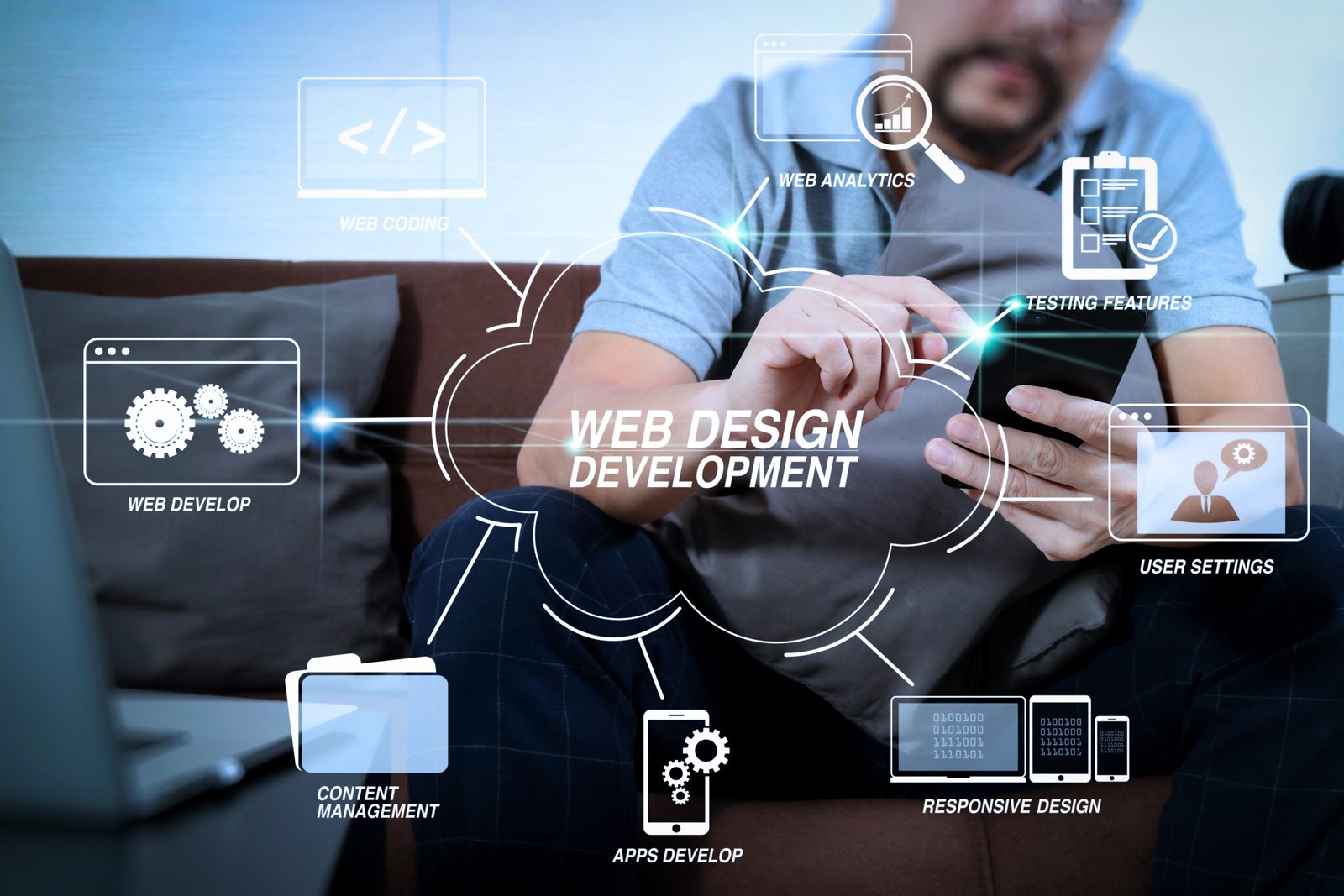 Developing programming and coding technologies with Website design in virtual diagram.hipster hand using digital tablet docking keyboard and smart phone for mobile payments online business,omni channel.