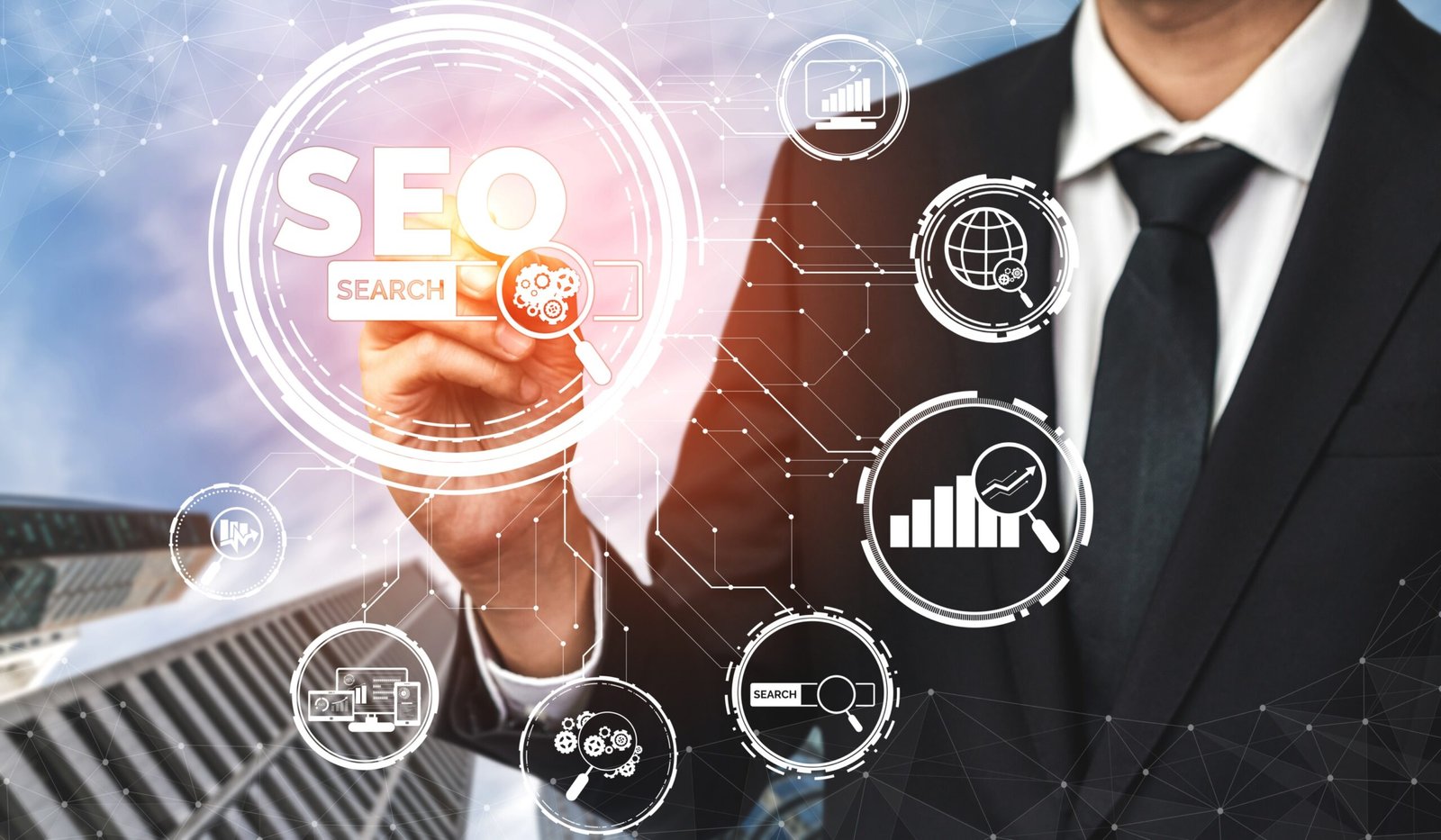 SEO - Search Engine Optimization for Online Marketing Concept. Modern graphic interface showing symbol of keyword research website promotion by optimize customer searching and analyze market strategy.